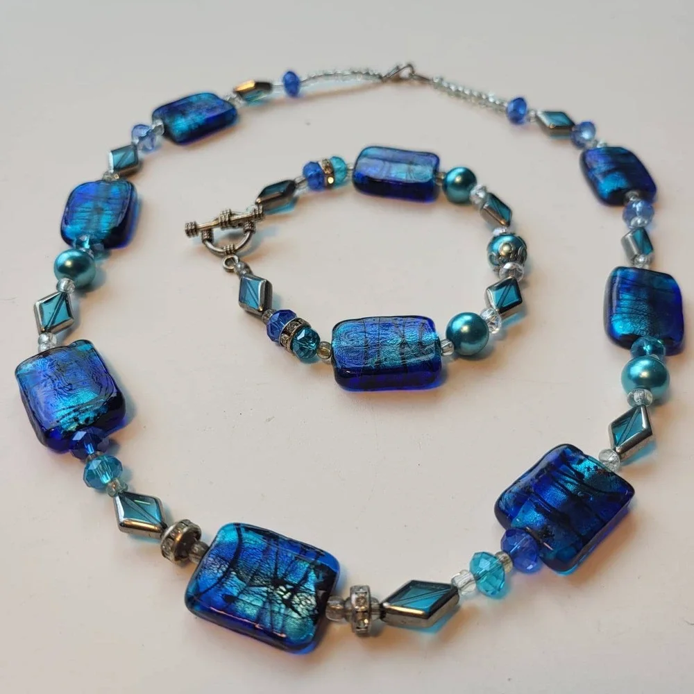 Vintage Glass Foil Bead Necklace Bracelet Set Blue Silver Tone Rectangle Beaded
